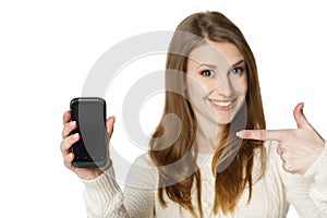 Happywoman pointing at her mobile phone