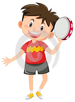 Hapy boy holding tambourine music instrumen
