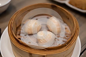 Har gow, a traditional Cantonese dumpling served as dim sum.