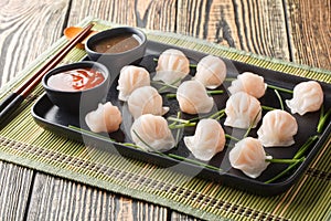 Har gow is a traditional Cantonese dumpling stuffed with shrimp closeup on the plate. Horizontal