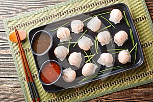 Har gow is a traditional Cantonese dumpling stuffed with shrimp closeup on the plate. Horizontal top view