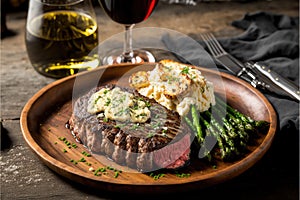 Har-grilled ribeye with mashed potatoes & asparagus and a glass of red wine. Generative AI