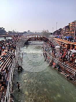 Har ki Pauri tempe River Ganges (ganga) devotees mob at Haridwar during indian fest Shiva Ratri at Haridwar Uttarakhand