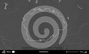 Haradok District outlined, Belarus. Grayscale