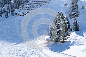 Harakiri ski slope in Zillertal Valley in Tyrol mountains, austrian Alps. Ski resort in Austria, Mayrhofen