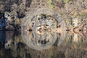 Harasov, Czechia - January 16, 2023: lake in Kokorinsky dul