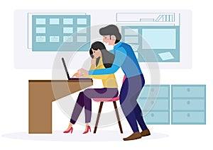 Harassment at work. A boss touching his female employee at the office. Inappropriate colleague behaviour. Flat style cartoon