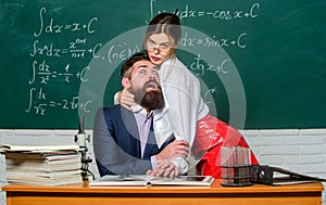 Harassment at work. Seductive girl cuddle man. Sex education. Resist temptation. Sexual temptation at workplace. Teacher