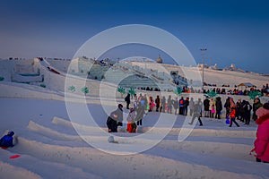Harbin, China - February 9, 2017: Harbin International Ice and Snow Sculpture Festival is an annual winter festival that