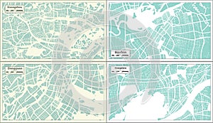 Harbin, Dongguan, Hangzhou and Guangzhou China City Maps Set in Retro Style photo