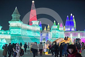 Harbin Ice Festival 2018 -sun through ice - fantastic ice and snow buildings, fun, sledging, night, travel china