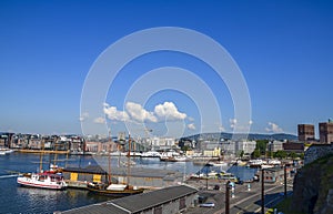 Harbor at the Aker Brygge and Radhuset (town hall), Oslo, Norway