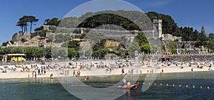 The harbor of Baiona with the castle of Monterreal, Pontevedra, Espanha.