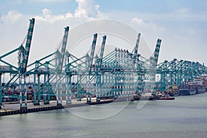 Harbor cargo cranes shipping port equipment, Industrial port crane, Logistics and containers, Cargo freight ship, Cargo sea port