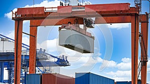 Harbor cargo cranes shipping port equipment, Industrial port crane, Logistics business huge cranes and containers, Cargo freight