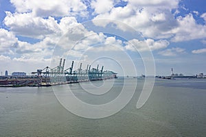 Harbor cargo cranes shipping port equipment, Industrial port crane, Logistics and containers, Cargo freight ship, Cargo sea port