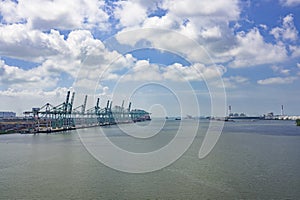 Harbor cargo cranes shipping port equipment, Industrial port crane, Logistics and containers, Cargo freight ship, Cargo sea port