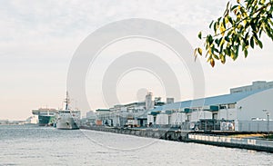 Harbor with cargo ships at Odaiba, tokyo, Japan