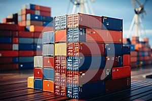 Harbor container display Stacked cargo containers aboard ship, port scenery in focus