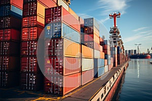 Harbor container display Stacked cargo containers aboard ship, port scenery in focus