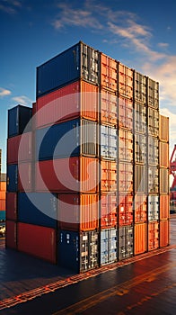 Harbor container display Stacked cargo containers aboard ship, port scenery in focus