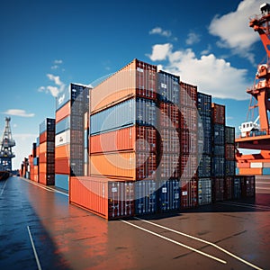 Harbor container display Stacked cargo containers aboard ship, port scenery in focus