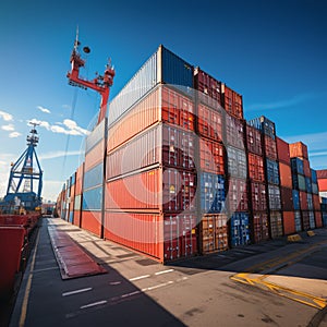 Harbor container display Stacked cargo containers aboard ship, port scenery in focus