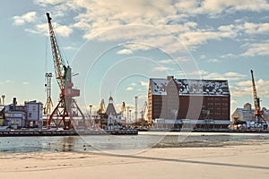 Harbor cranes, container ship terminal, cargo container yard photo