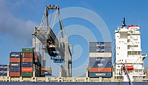 Harbor cranes unloading shipping containers from a vessel in the Port of Rotterdam, The Netherlands, September 8, 2013