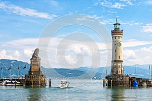 Harbor entrance at Lake Constance, Lindau, Germany. Beautiful landscape with lion statue and lighthouse