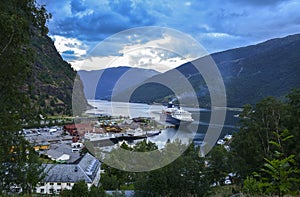 Harbor of Flam village famous for fjord tour with cruise ship. Aurlandsfjord, Norway