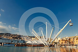 Harbor of Genoa with the architectural structure designed by Renzo Piano and called Bigo in the foreground photo