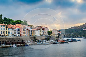 Harbor and houses of Port-Vendres at morning in France