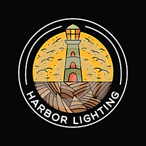 Harbor Lighting Tower Logo Vector Graphic Design illustration Retro Vintage Circle Badge Emblem Symbol and Icon