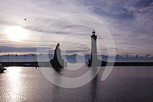 Harbor of Lindau at pink sunrise, Germany