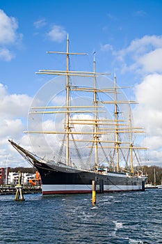 the harbor of Luebeck-Travemuende with the sailing ship Passat