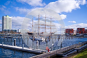 the harbor of Luebeck-Travemuende with the sailing ship Passat