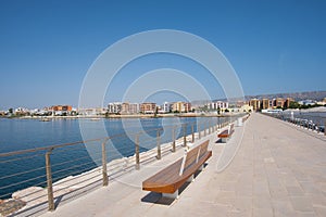 Harbor in Manfredonia, Foggia with benches for the viewing of the beautiful sea in Italy