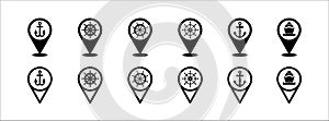 Harbor map pin icon set. Ship dock location pin map marker icons set. Contains icon such as ship steering wheel, anchor, container