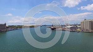 Harbor of Mauritius Capital Port Louis. Island in Indian Ocean