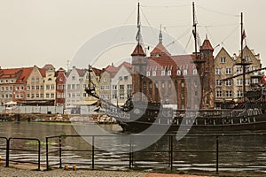 Harbor at Motlawa river with old town of Gdansk in Poland