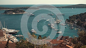 Harbor of old Adriatic island town Hvar. High angle view.