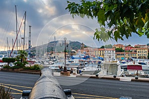 Harbor and old cannon at Port-Vendres at morning in France