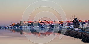 The harbor of the old town of Nessebar at sunset, Bulgaria .