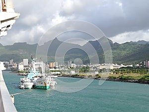 Harbor port view of Port-Louis, Mauritius island