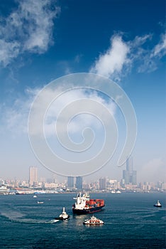 Harbor scenery with freighter photo