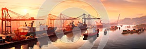 harbor at sunrise, with cargo ships waiting to be loaded, capturing the anticipation and movement that characterizes