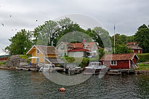 Harbor of Vaxholm village, Sweden photo