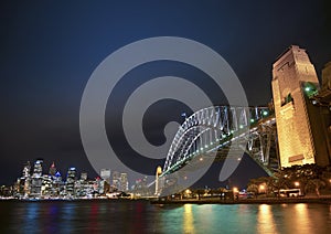 Harbour bridge and skyline of sydney australia at night