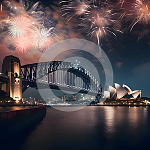Harbour Bridge and Sydney Opera House at night, with the backdrop of the sky shooting off colorful fireworks. New Year's fu